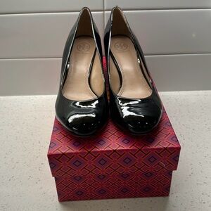 Tory Burch Shiny Black Patent Wedge Heels